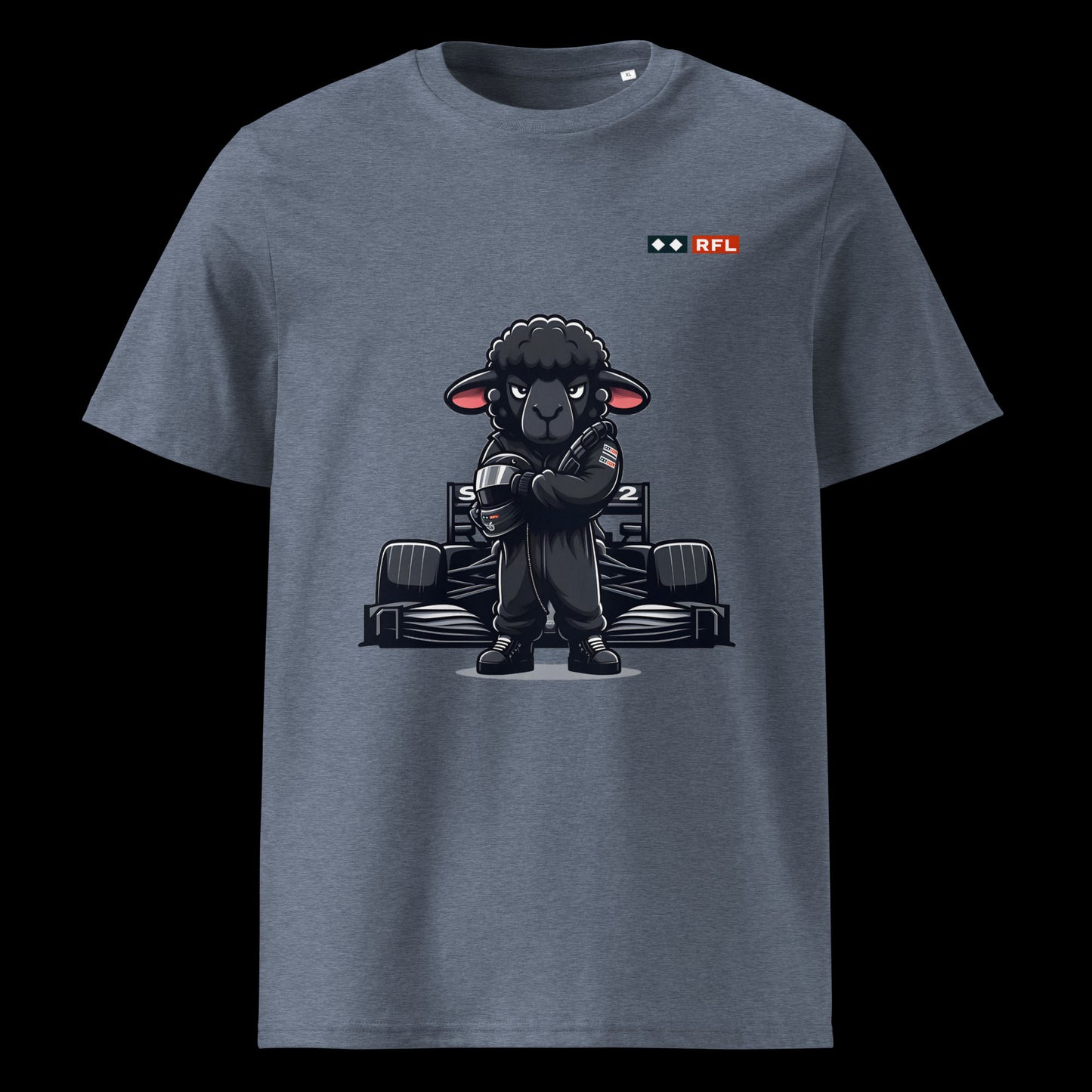 Bold Black Sheep Racer Formula 1 T-Shirt in Dark Heather Blue featuring a determined black sheep racer design in front of a Formula 1 car by RFL Brand