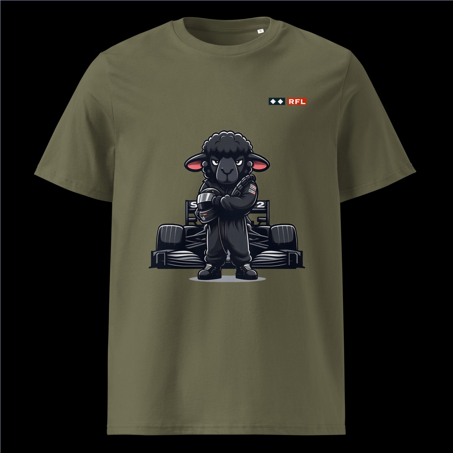 Bold Black Sheep Racer Formula 1 T-Shirt in Khaki showcasing a determined black sheep racer in front of a Formula 1 car by RFL Brand