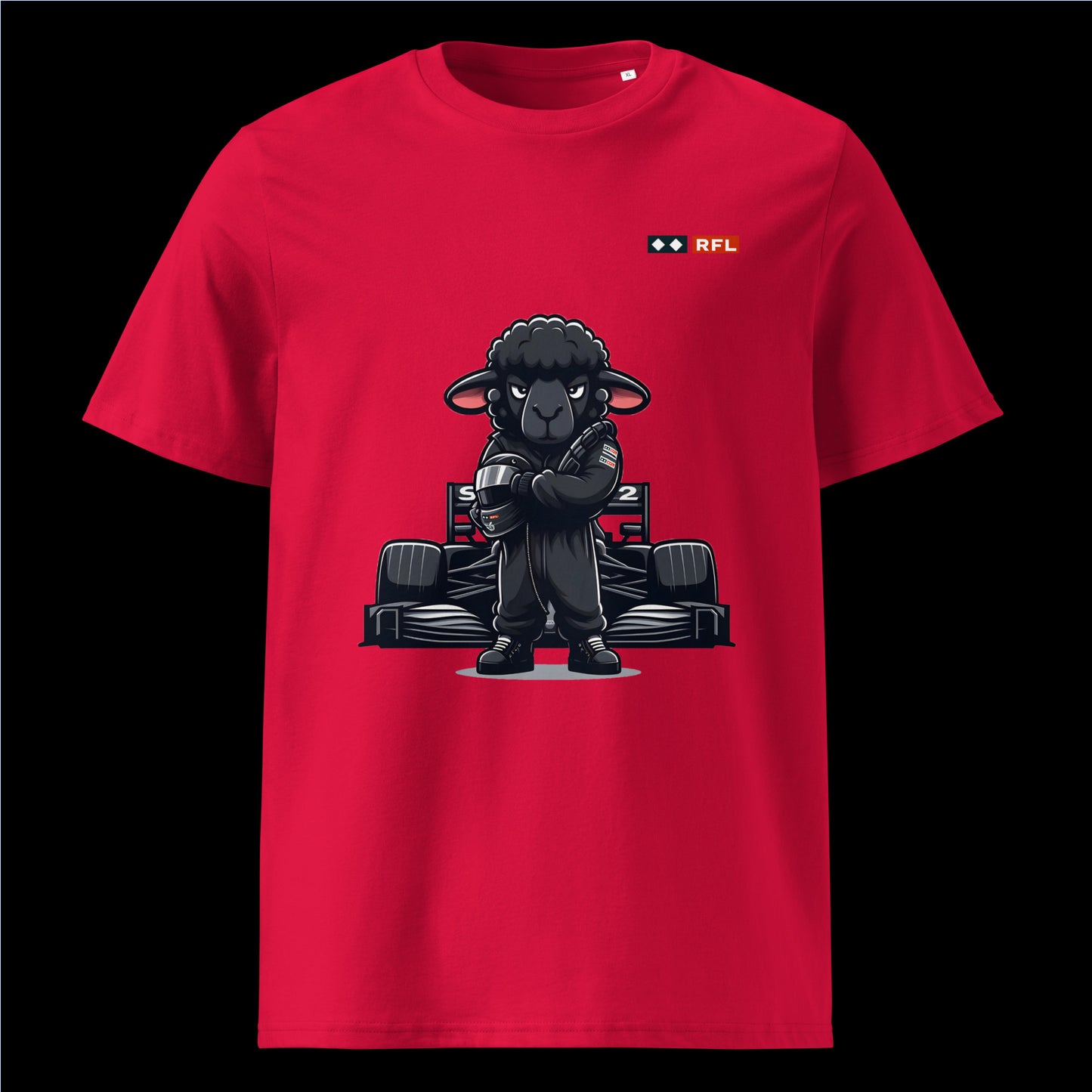 Bold Black Sheep Racer Formula 1 T-Shirt in Red featuring a striking black sheep racer design in front of a Formula 1 car by RFL Brand