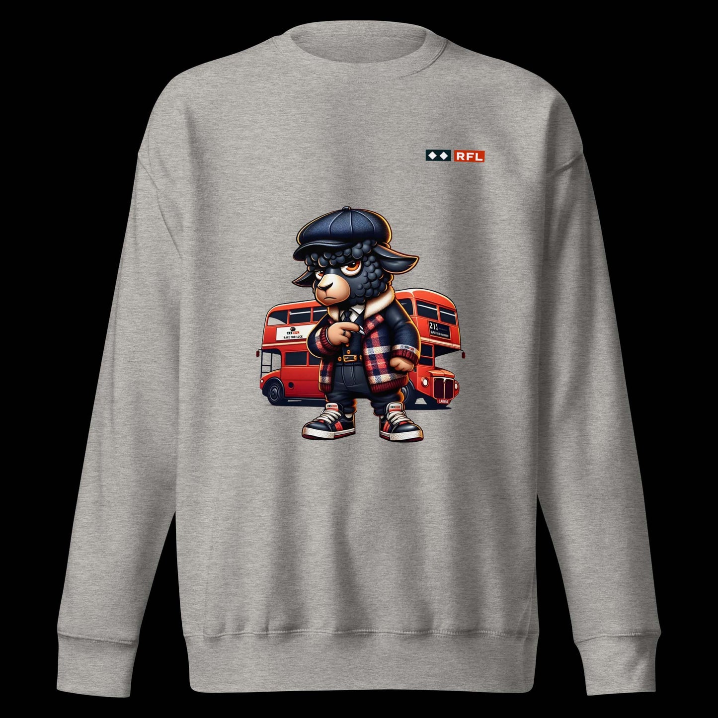 Carbon grey sweatshirt with a cartoon black sheep dressed in stylish urban clothing and a red London double-decker bus in the background.