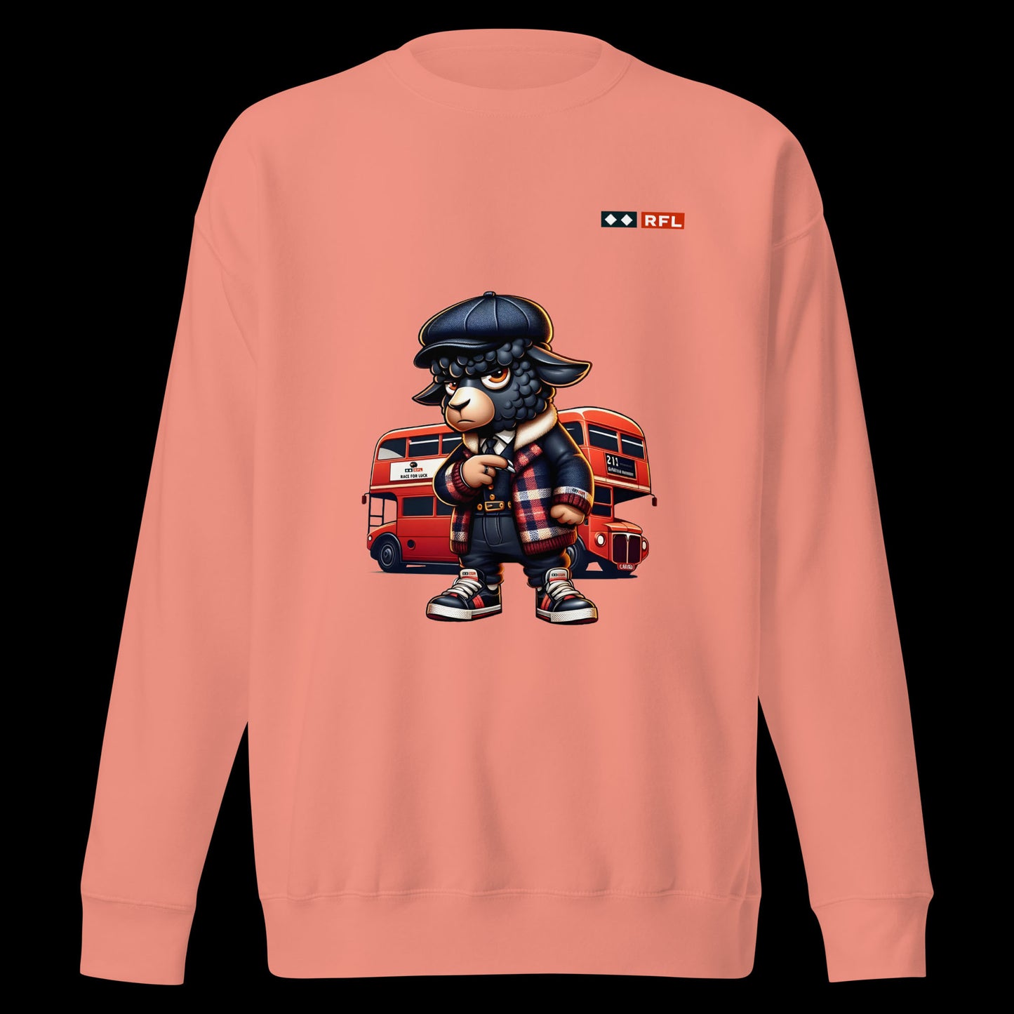 Dusty rose sweatshirt showcasing a cartoon black sheep in urban attire with a red London double-decker bus in the background.