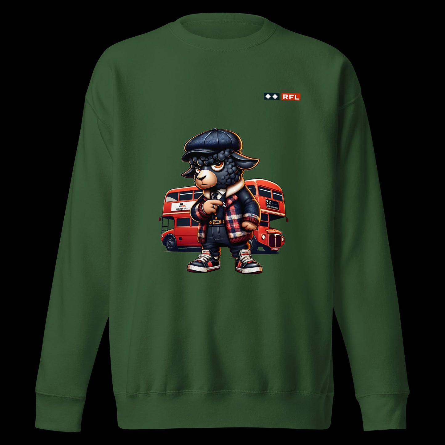 Forest green sweatshirt featuring a cartoon black sheep in stylish urban clothing with a red London double-decker bus in the background.