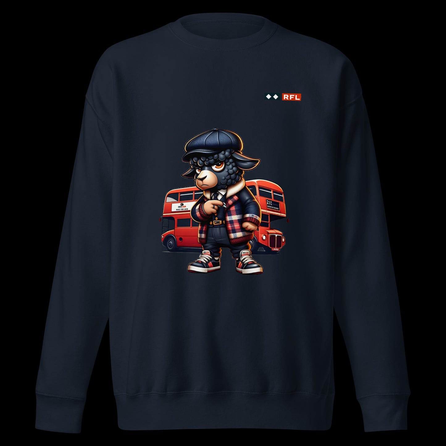 Navy blazer sweatshirt with a cartoon black sheep dressed in urban attire and a red London double-decker bus in the background.