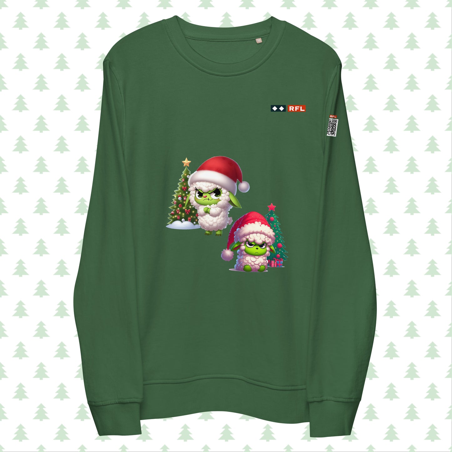 Green RFL Christmas sweatshirt featuring a playful Sheep Grinch design with festive Christmas trees. Includes a QR code on the sleeve for a personalized holiday message.