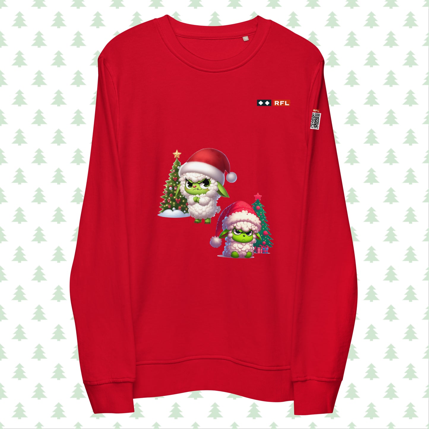 Red RFL Christmas sweatshirt featuring a playful Sheep Grinch design with a festive Christmas tree. Includes a QR code on the sleeve for a personalized holiday message.