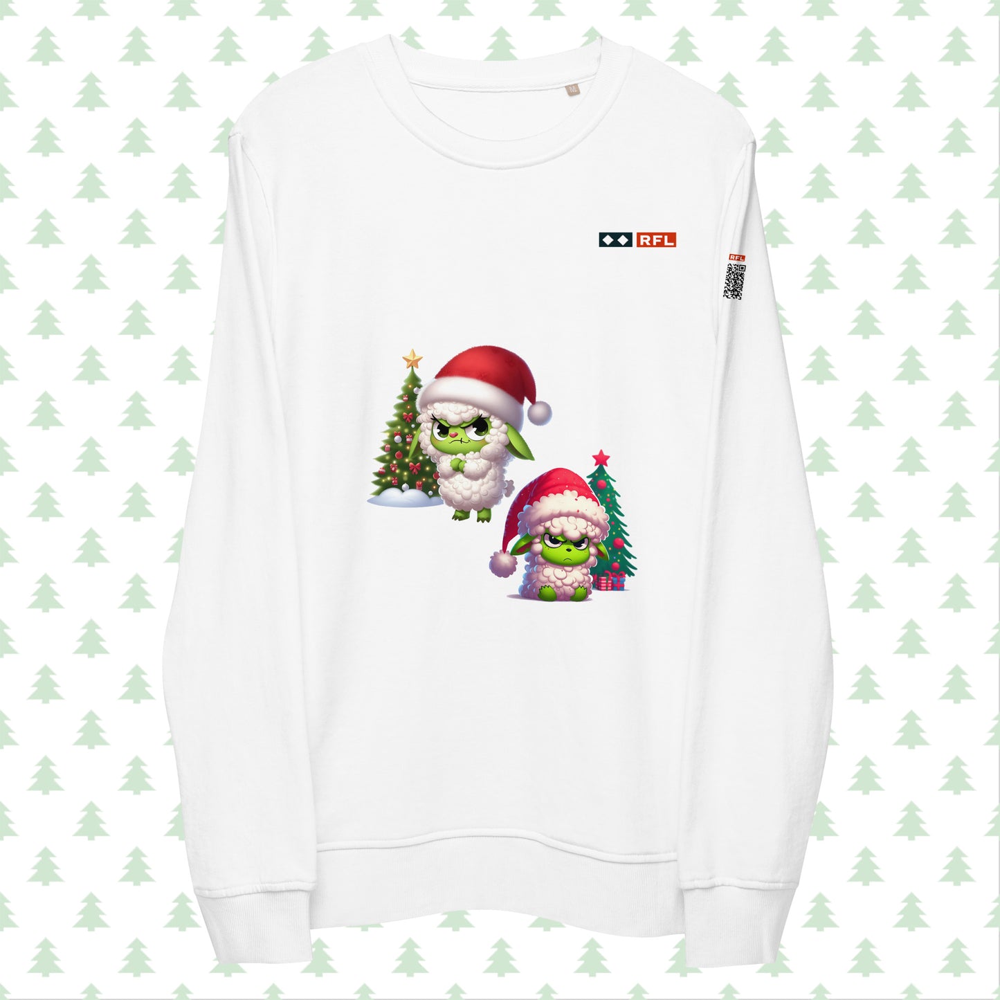 White RFL Christmas sweatshirt featuring a playful Sheep Grinch design with a festive Christmas tree. Includes a QR code on the sleeve for a personalized holiday message.