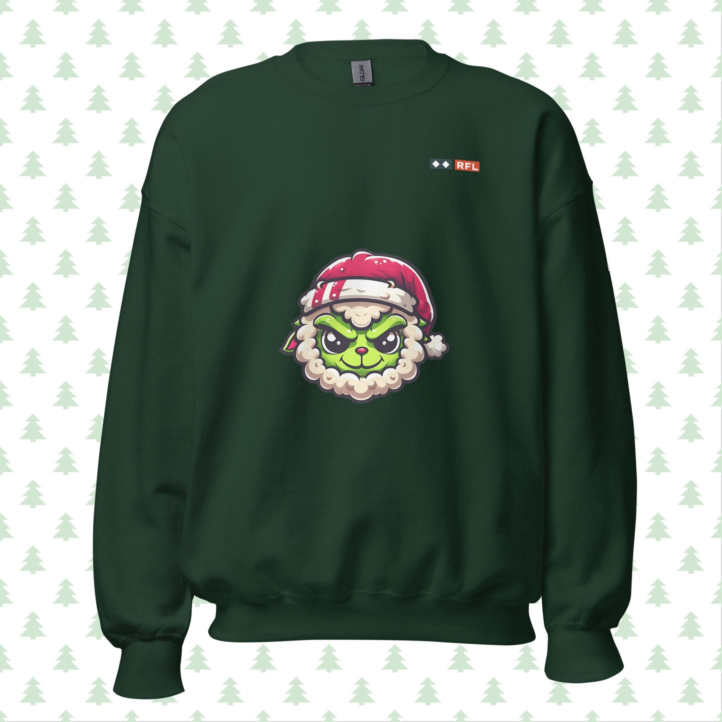 "Forest green crewneck sweatshirt featuring a festive Grinch Sheep design and a QR code on the sleeve for personalized Christmas messages. Unisex holiday apparel by RFL."