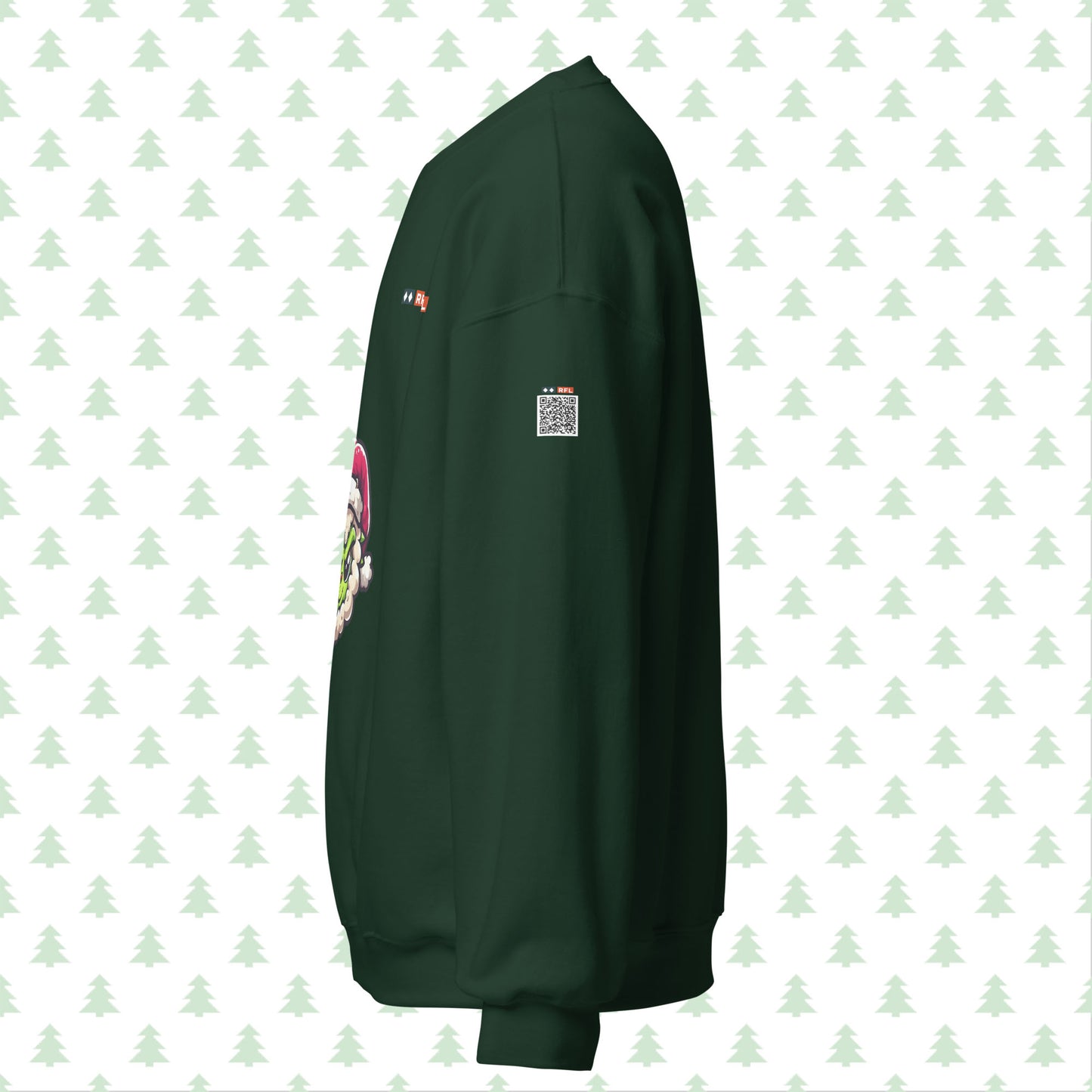Side view of the forest green crewneck sweatshirt with a Grinch Sheep design and QR code on the sleeve for a personalized holiday message. Unisex Christmas sweater by RFL