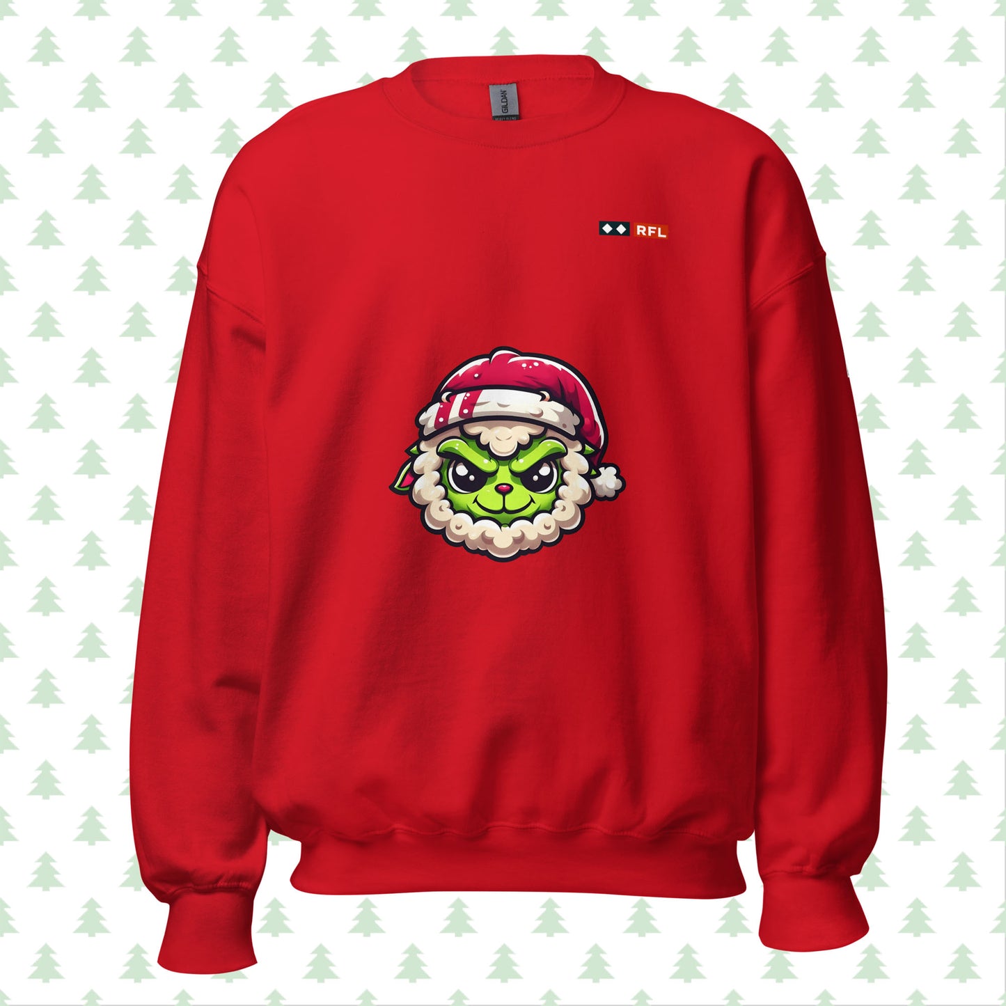 Red crewneck sweatshirt with a Grinch Sheep design and a QR code on the sleeve for interactive Christmas messages. Unisex festive apparel by RFL
