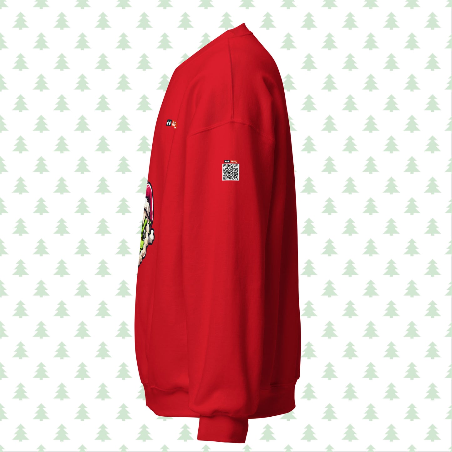 Side view of the red Grinch Sheep Christmas sweatshirt featuring a QR code on the sleeve for personalized holiday messages. Unisex Christmas sweater by RFL