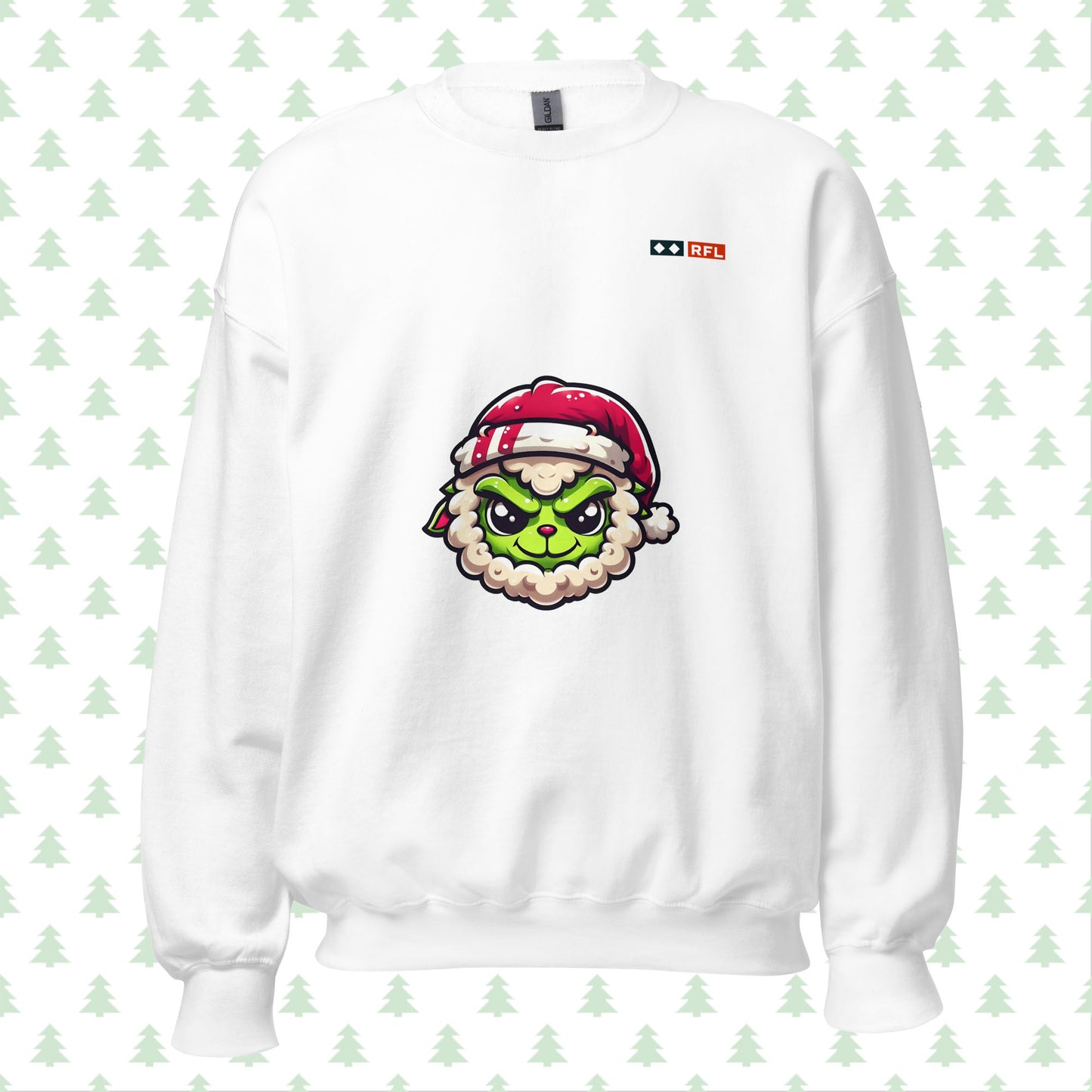 White crewneck sweatshirt featuring a playful Grinch Sheep design and a QR code on the sleeve for personalized Christmas messages. Unisex holiday apparel by RFL.