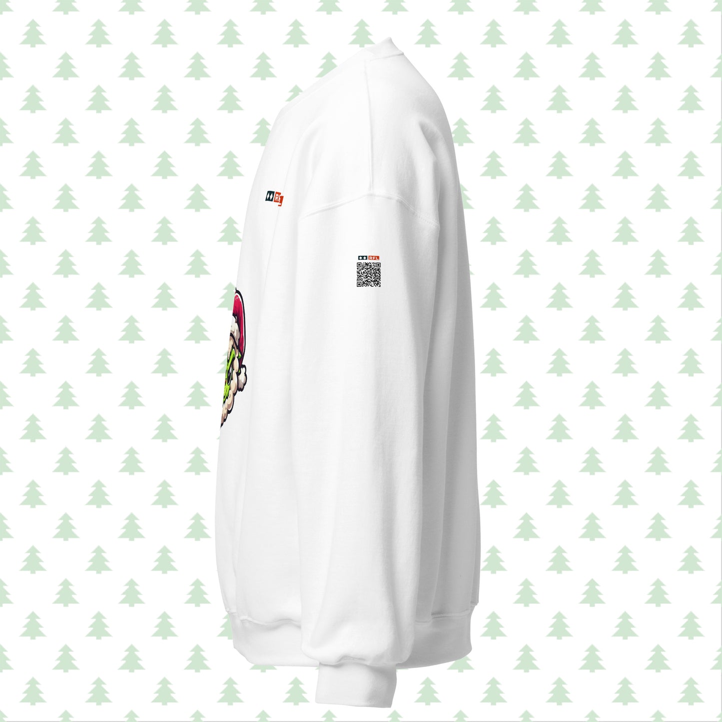 Side view of the white Grinch Sheep Christmas sweatshirt featuring a QR code on the sleeve that links to a personalized holiday message. Unisex festive sweater by RFL
