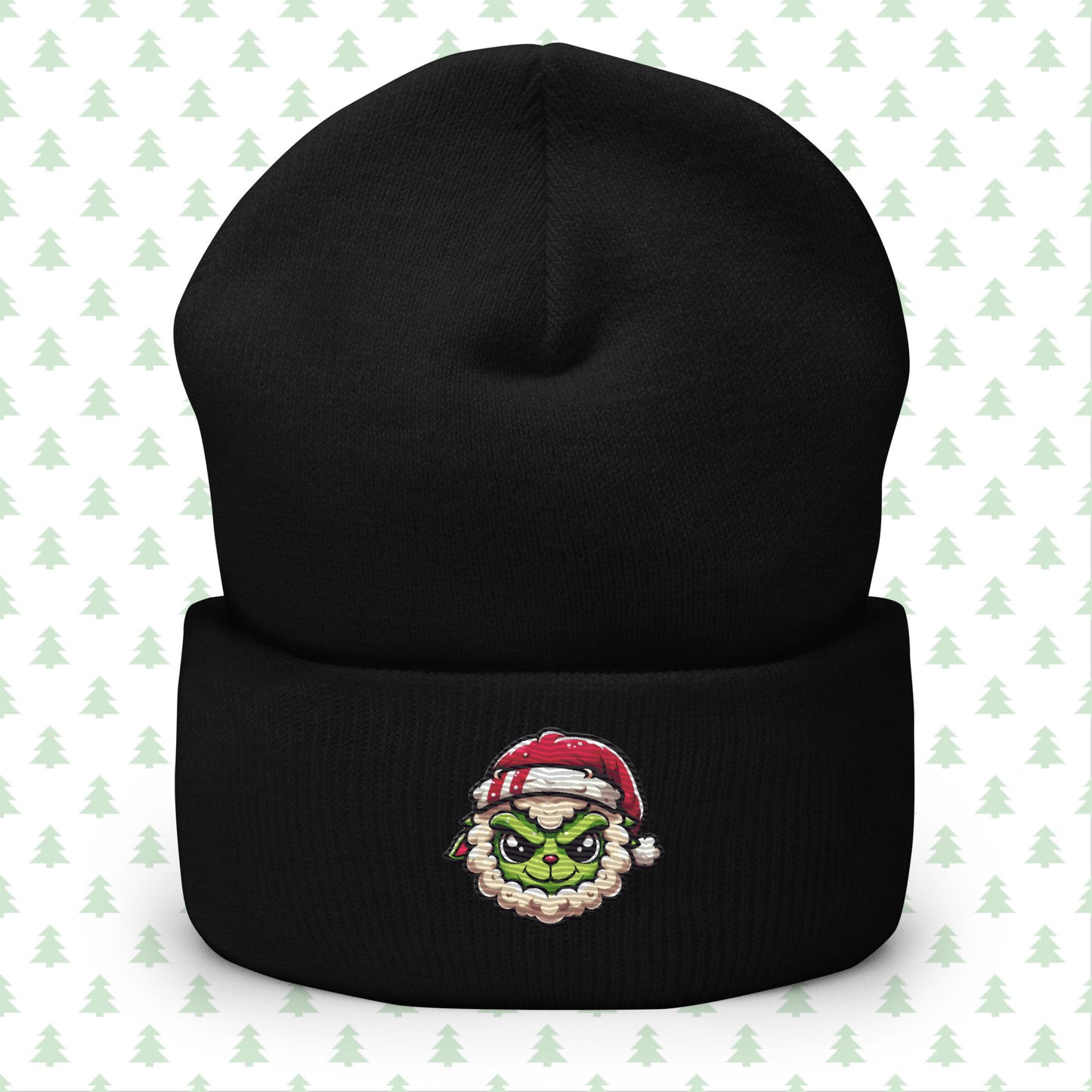 Black beanie with a Grinch sheep design