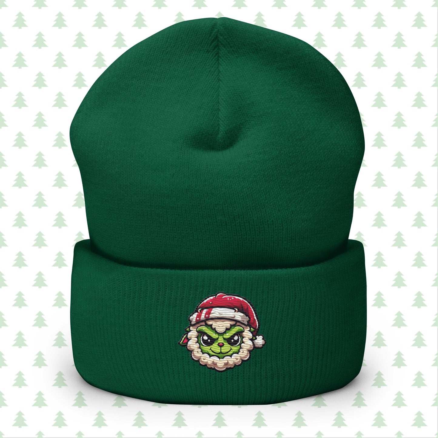 Green holiday beanie with a playful Grinch sheep design