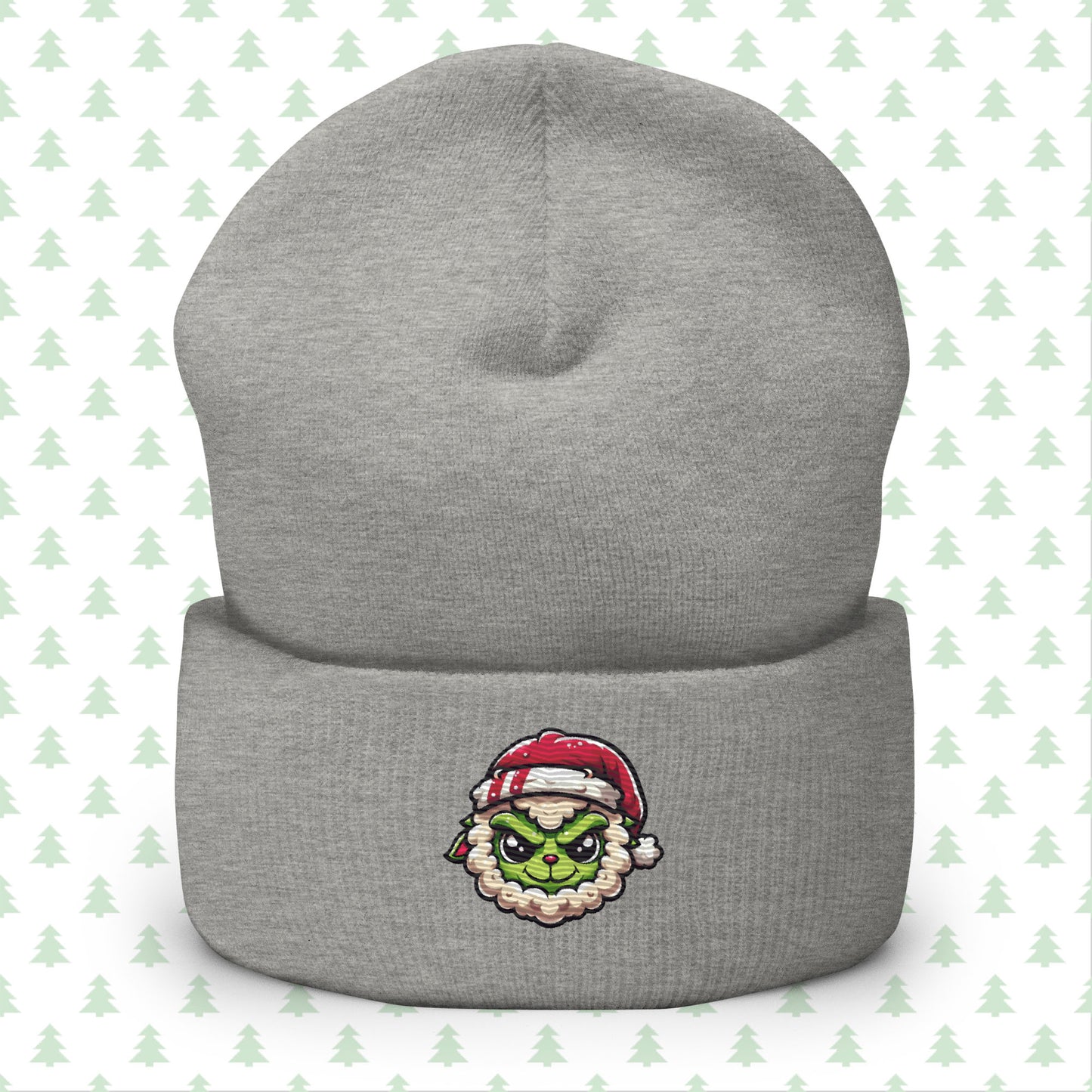 Grey beanie featuring a festive Grinch sheep