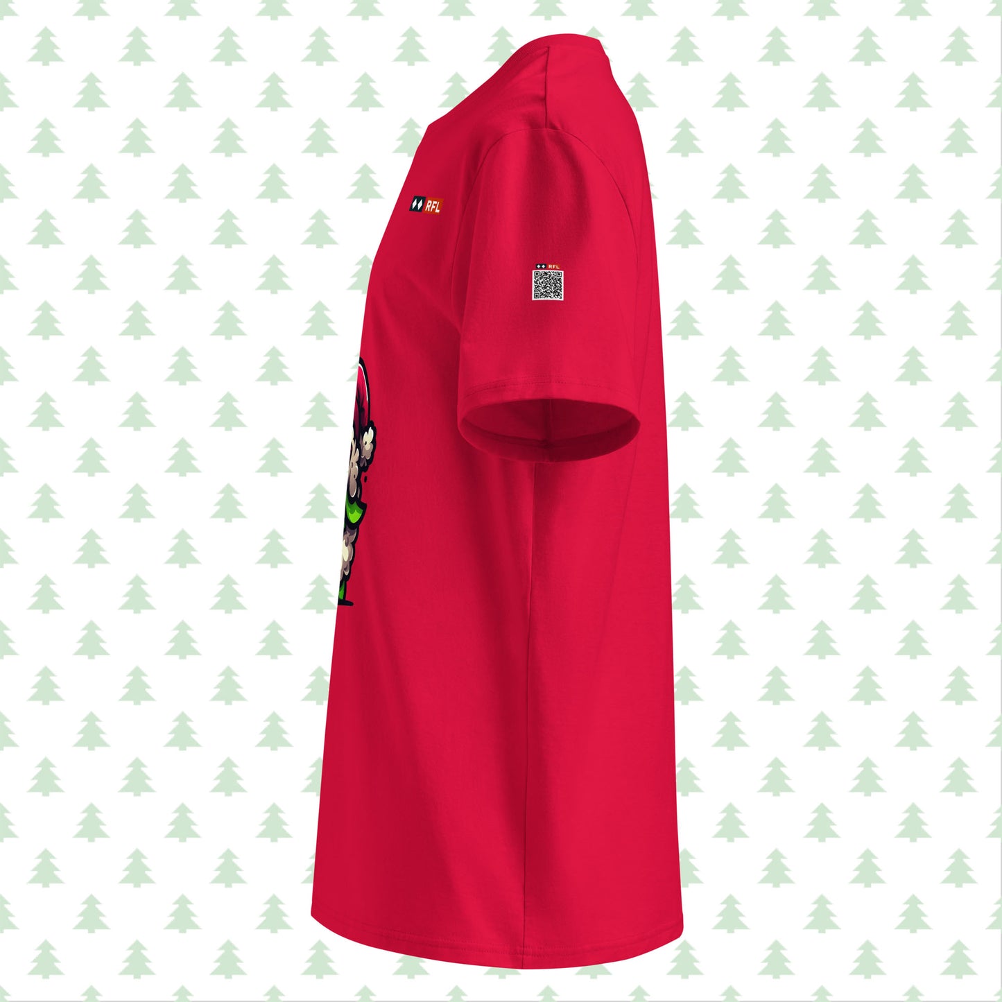 Side view of red Christmas t-shirt with a Grinch sheep design and QR code.