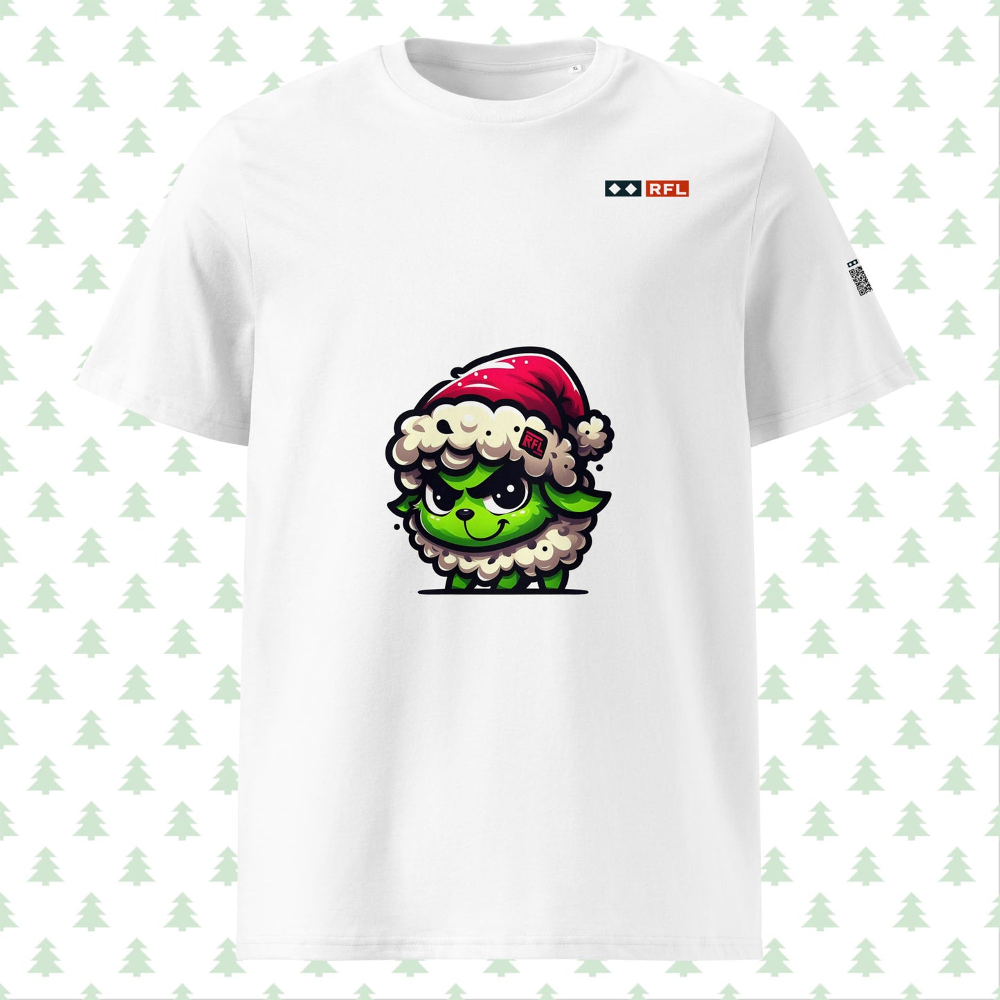 White Christmas t-shirt featuring a cute sheep dressed as the Grinch on the front.