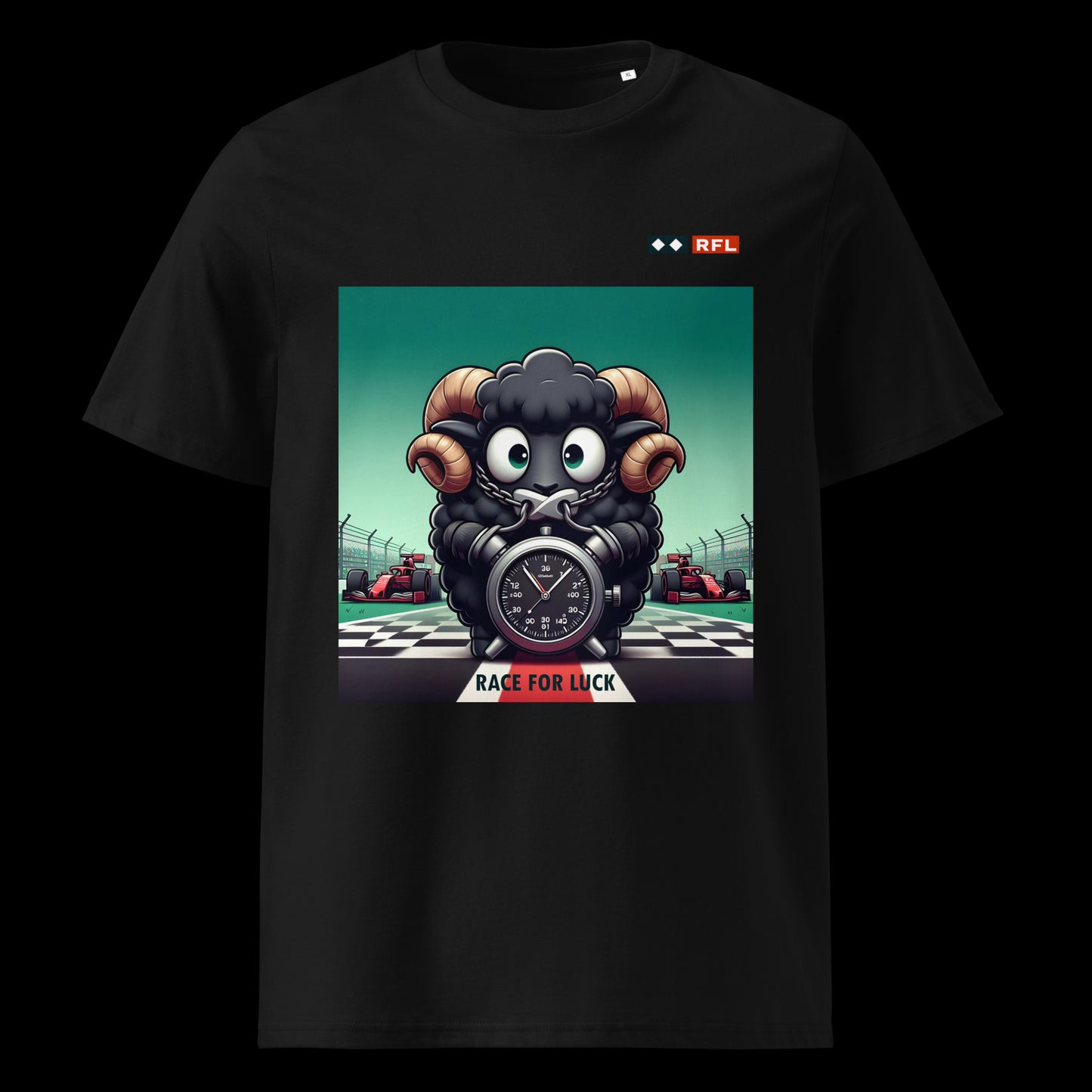 Black T-shirt featuring a black sheep gripping a stopwatch, with a race track in the background. Text reads "Race for Luck."
