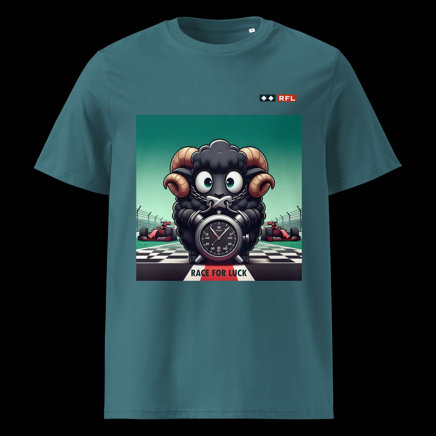 Stargazer T-shirt presenting a black sheep holding a stopwatch, set against a racing track. Text reads "Race for Luck."