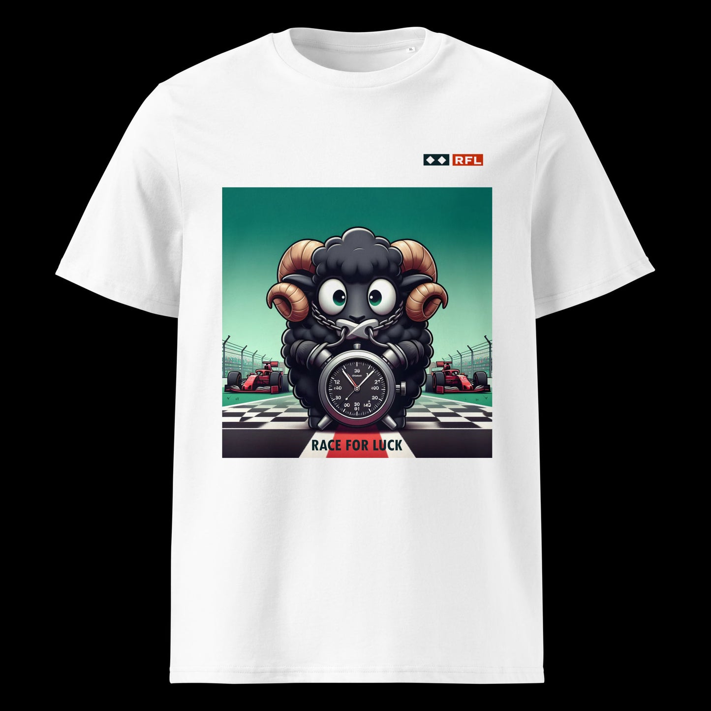 White T-shirt featuring a black sheep clutching a stopwatch, with a race track background. Text reads "Race for Luck."