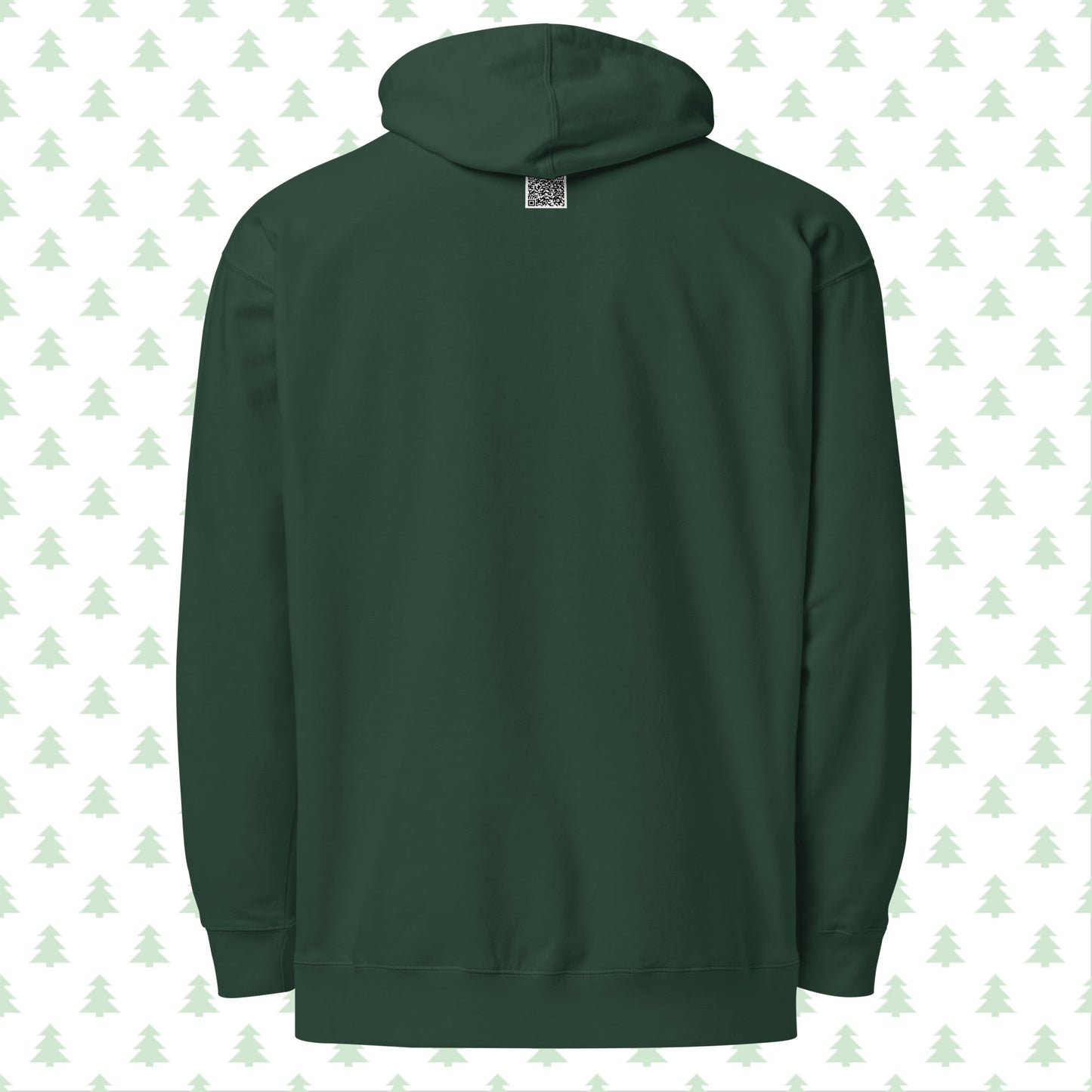 Back view of RFL Christmas Hoodie in alpine green, showcasing a QR code below the hood that links to a personalized Christmas message on the RFL website.
