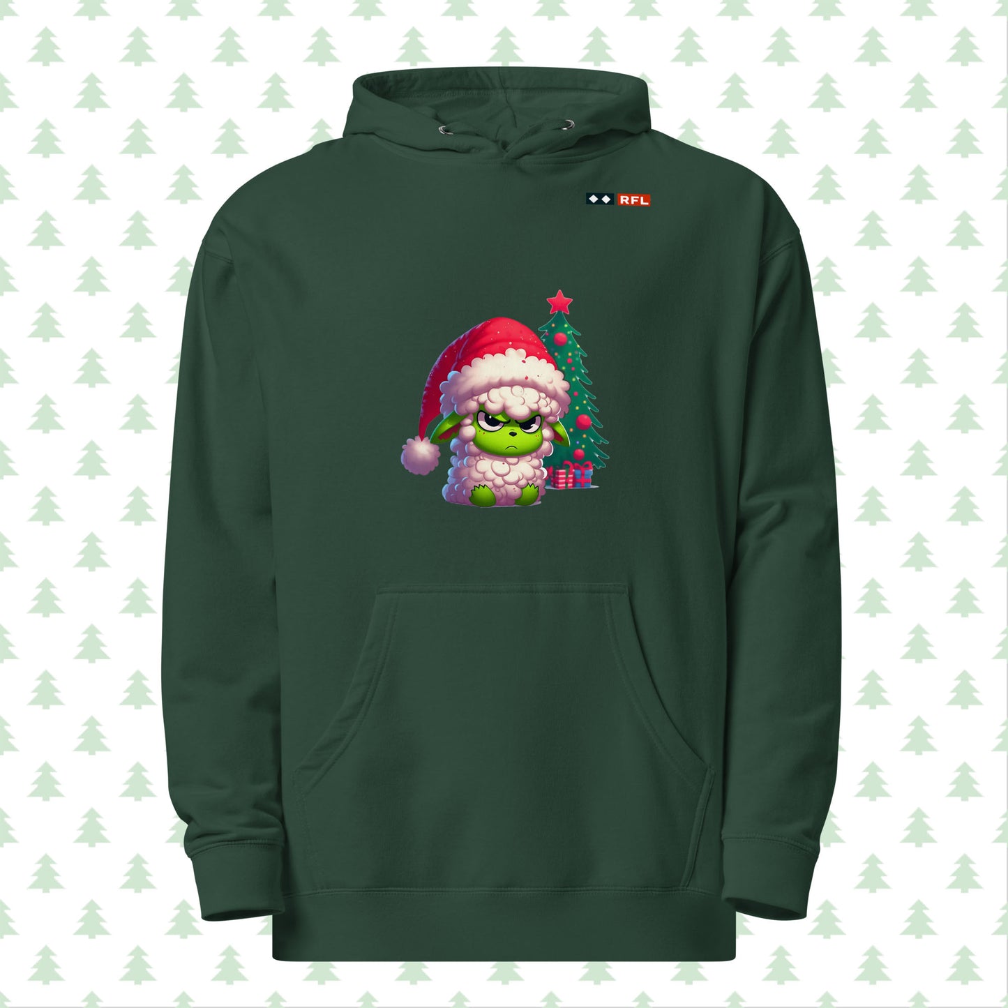 Front view of RFL Christmas Hoodie in alpine green featuring an upset Sheep Grinch design, Christmas tree, and presents, with a QR code for a personalized message.
