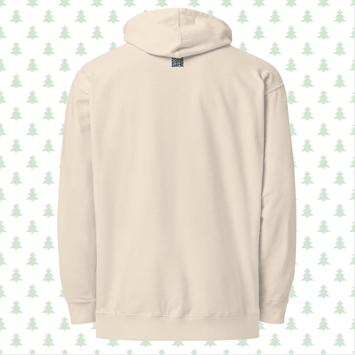 Back view of RFL Christmas Hoodie in bone color, showcasing a QR code below the hood that links to a personalized Christmas message on the RFL website.