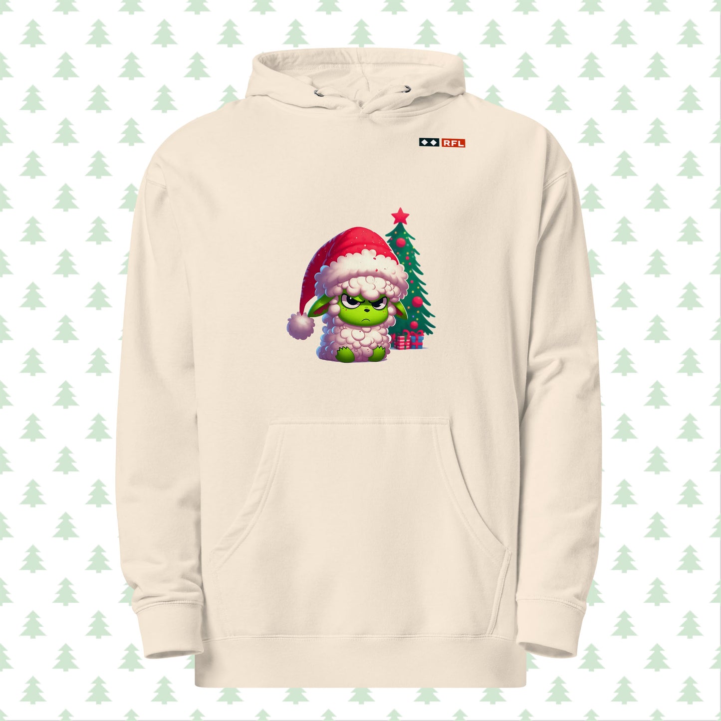 Front view of RFL Christmas Hoodie in bone color featuring an upset Sheep Grinch design, Christmas tree, and presents, with a QR code for a personalized message.