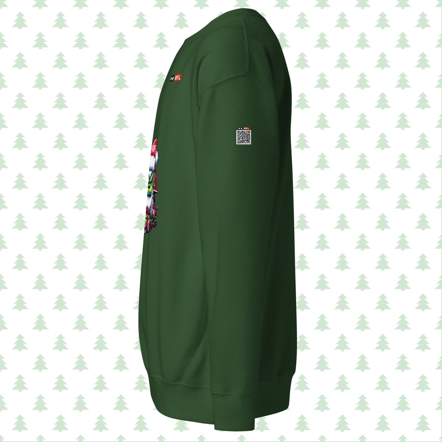 Side view of forest green Christmas sweater showing QR code on the sleeve.