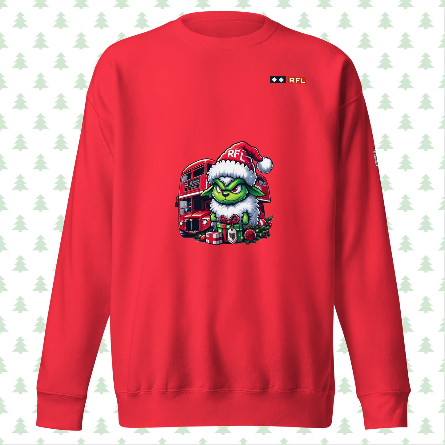 Front view of red Christmas sweater with a Grinch-like sheep and London bus design.