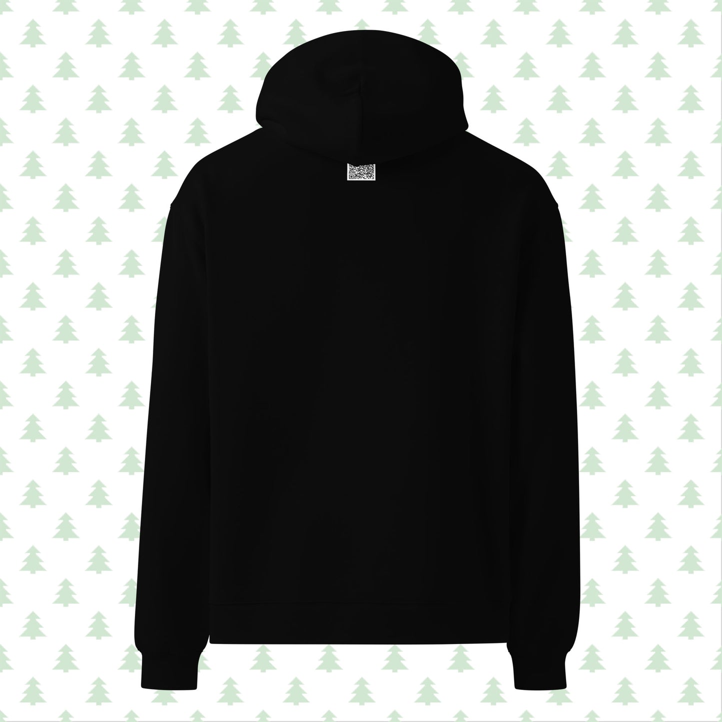 Back view of a black unisex oversized hoodie with a QR code near the hood, part of the RFL Christmas Collection.