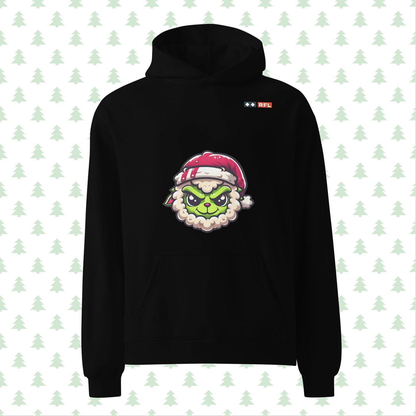 Unisex oversized hoodie in black featuring a Sheep Grinch design on the front from the RFL Christmas Collection.