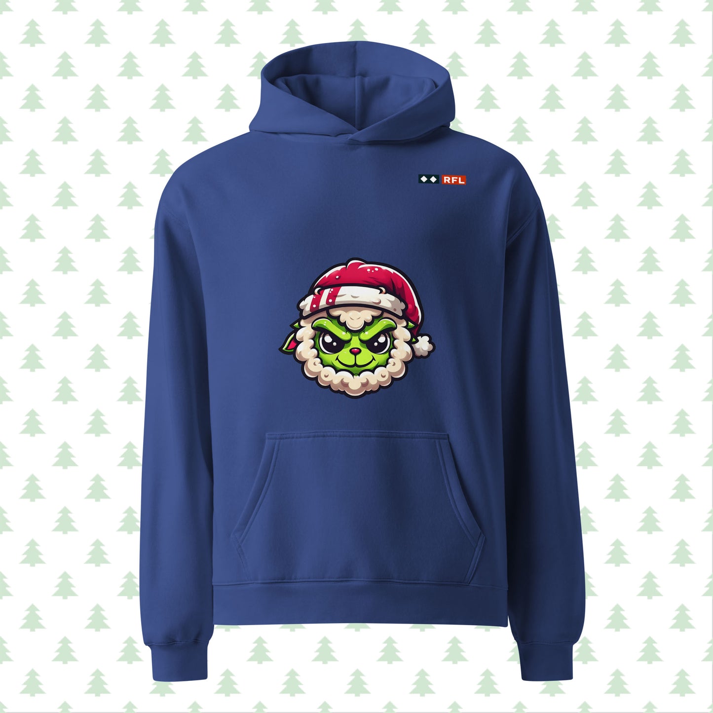 Unisex oversized hoodie in cobalt blue featuring a Sheep Grinch design on the front from the RFL Christmas Collection.