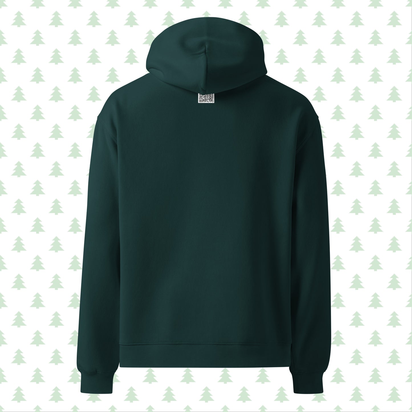 Back view of a pine green unisex oversized hoodie with a QR code near the hood, part of the RFL Christmas Collection.
