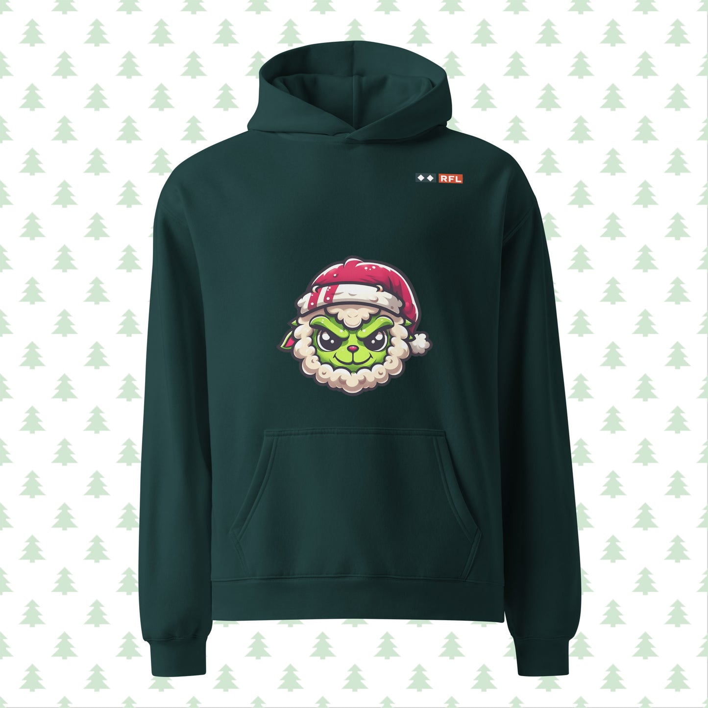 Unisex oversized hoodie in pine green featuring a Sheep Grinch design on the front from the RFL Christmas Collection.