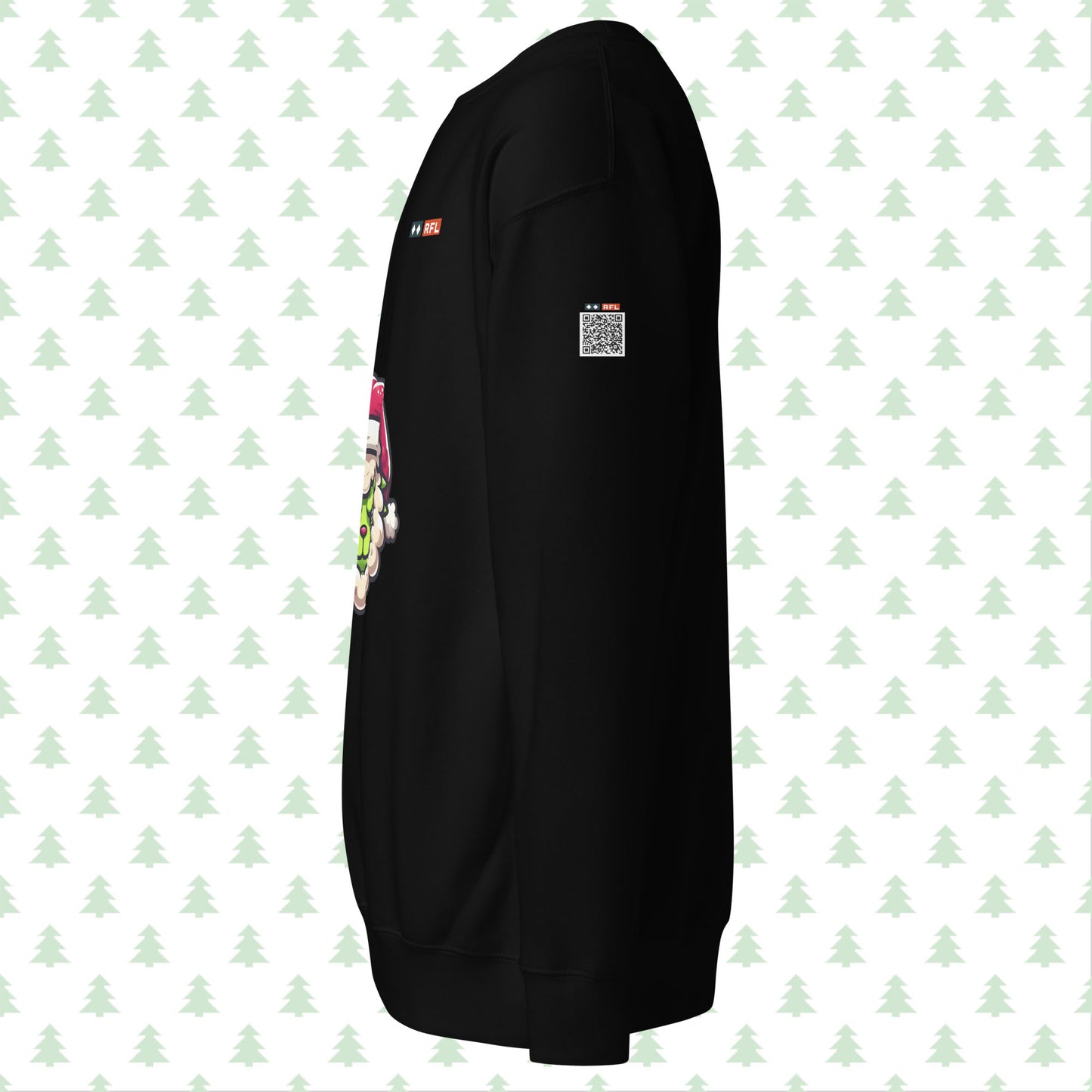 Black sweatshirt side view with Grinch sheep and QR code.