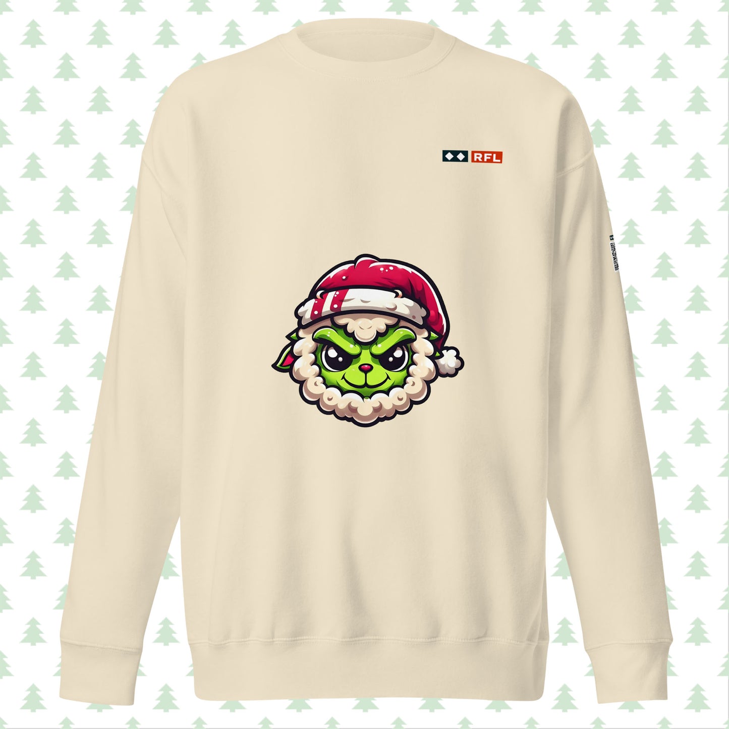 Bone-colored sweatshirt featuring Grinch sheep and Santa hat, front view.