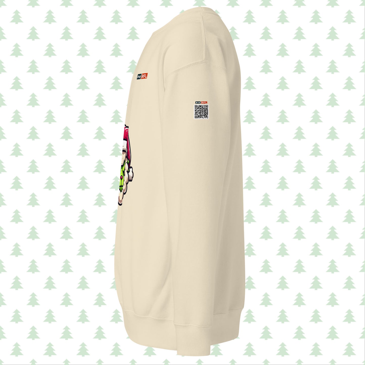 Bone-colored sweatshirt side view with Grinch sheep and QR code.
