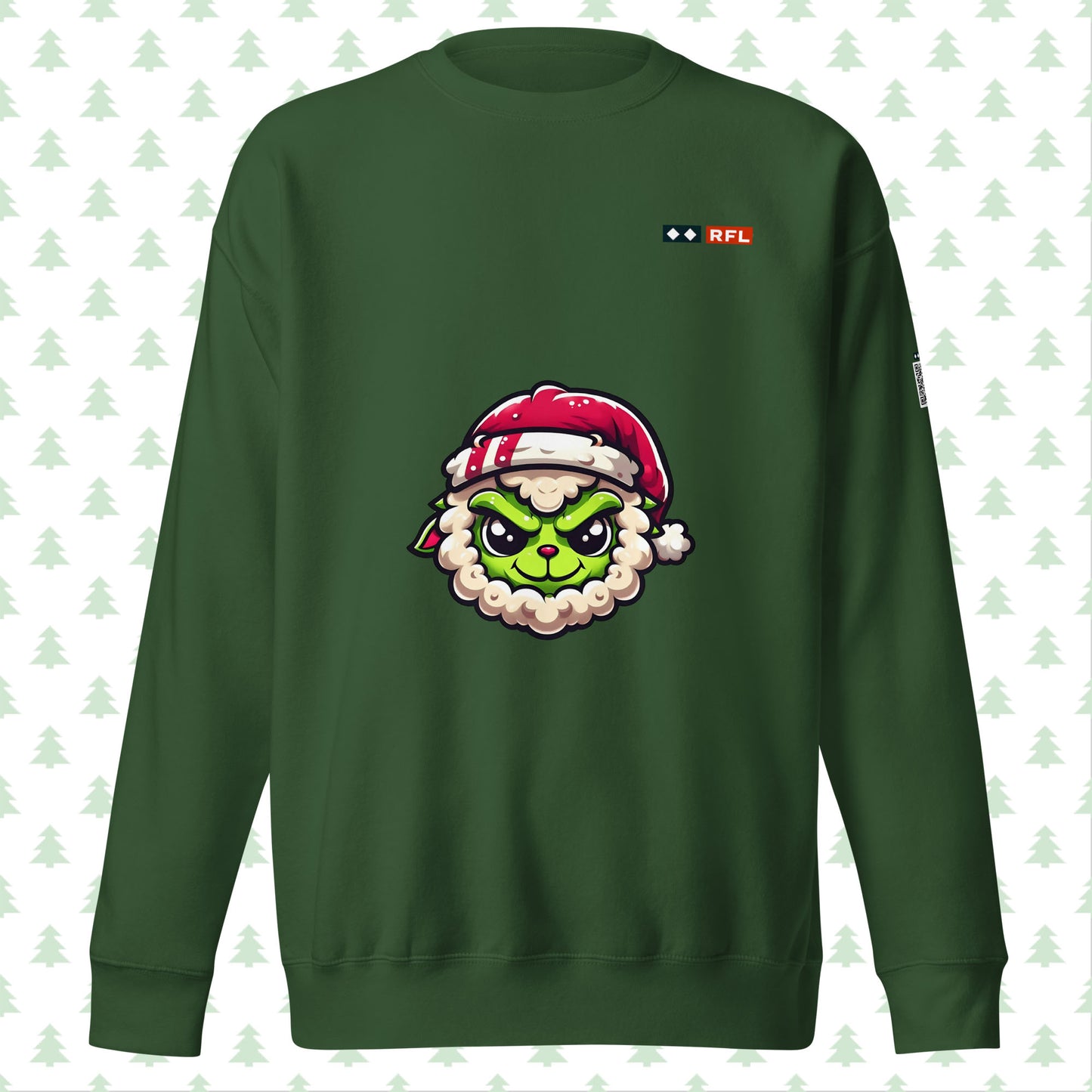 Forest green sweatshirt with Grinch sheep and Santa hat, front view.