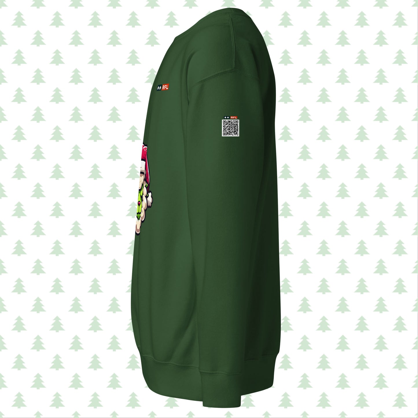 Forest green sweatshirt side view with Grinch sheep and QR code.