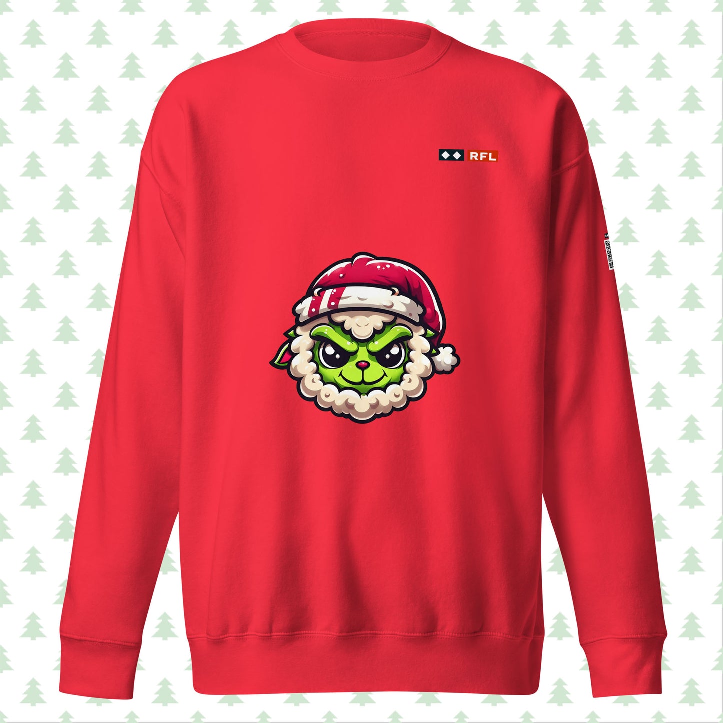 Red sweatshirt featuring Grinch sheep with Santa hat, front view.