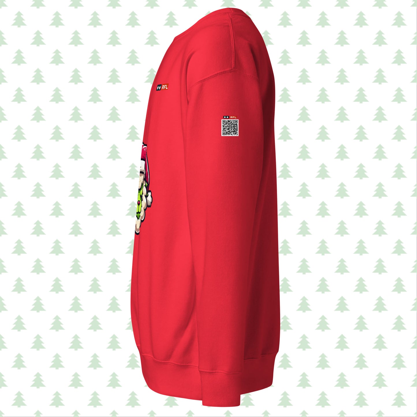 Red sweatshirt side view with Grinch sheep and QR code.