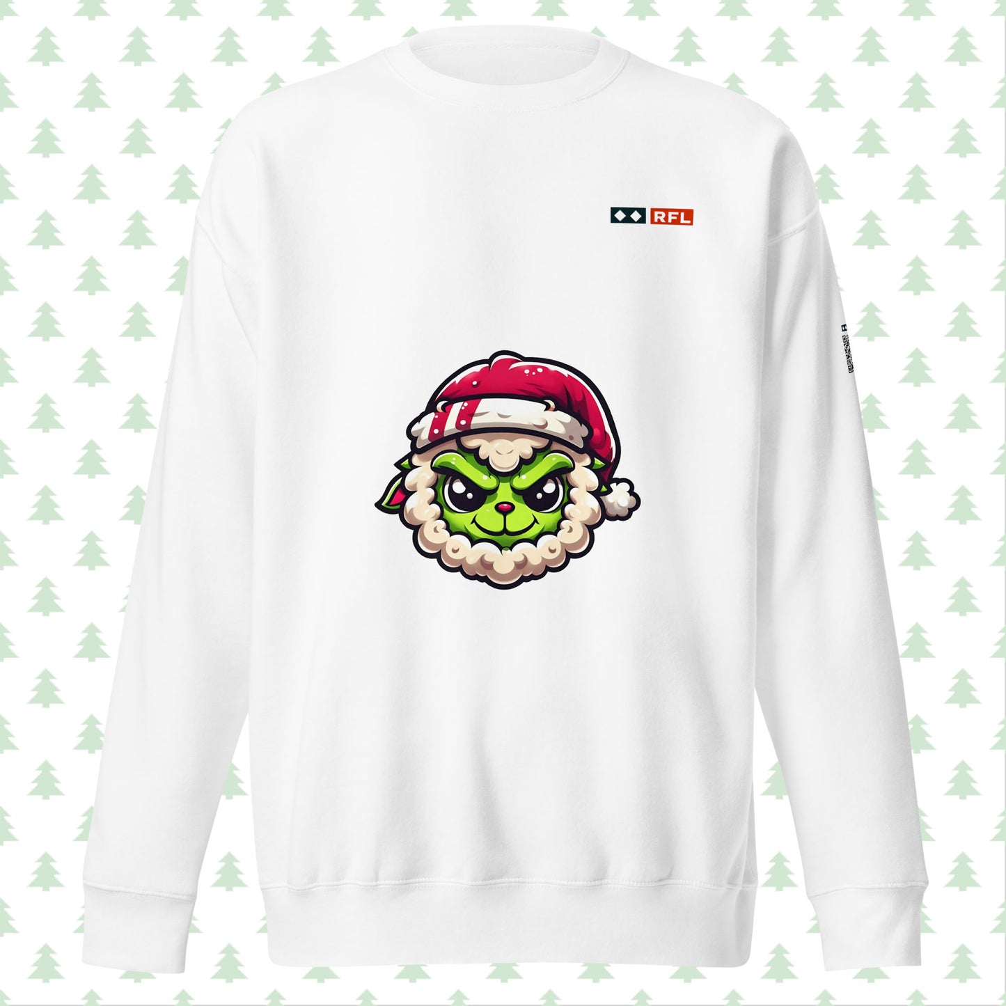 White sweatshirt with Grinch sheep in a Santa hat, front view.