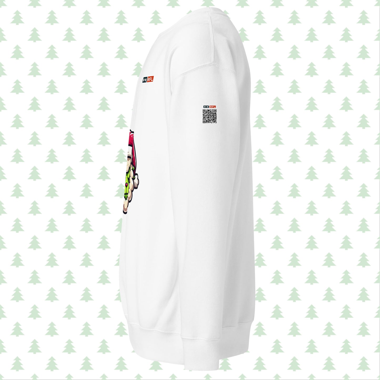 White sweatshirt side view with Grinch sheep and QR code.