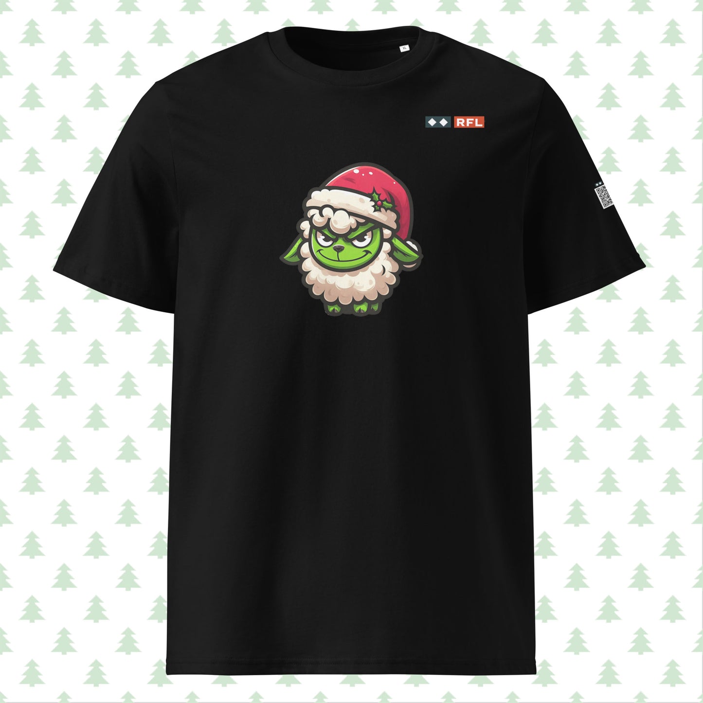 Black t-shirt with green Grinch sheep in a Santa hat, front view.