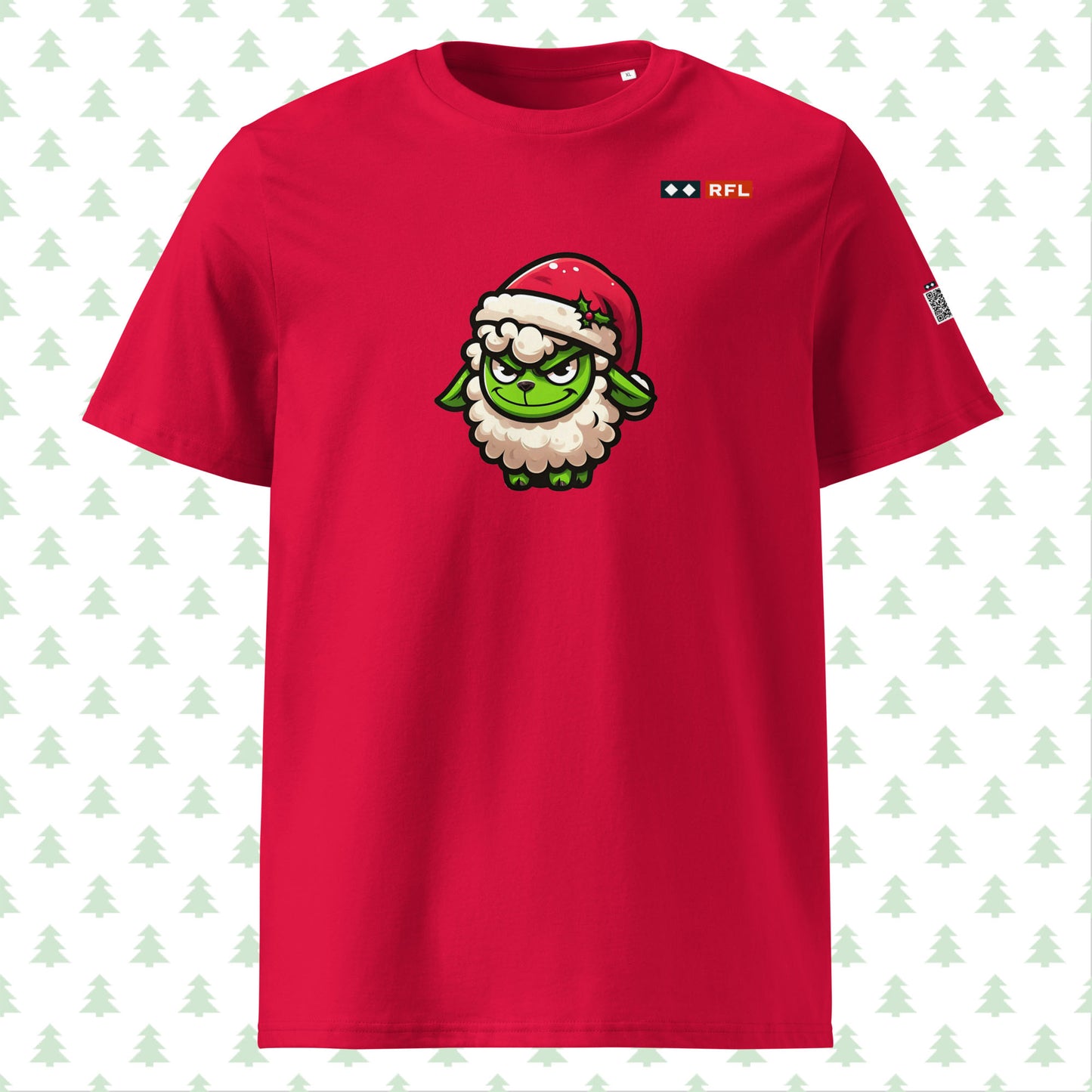 Red t-shirt featuring green Grinch sheep in a Santa hat, front view.