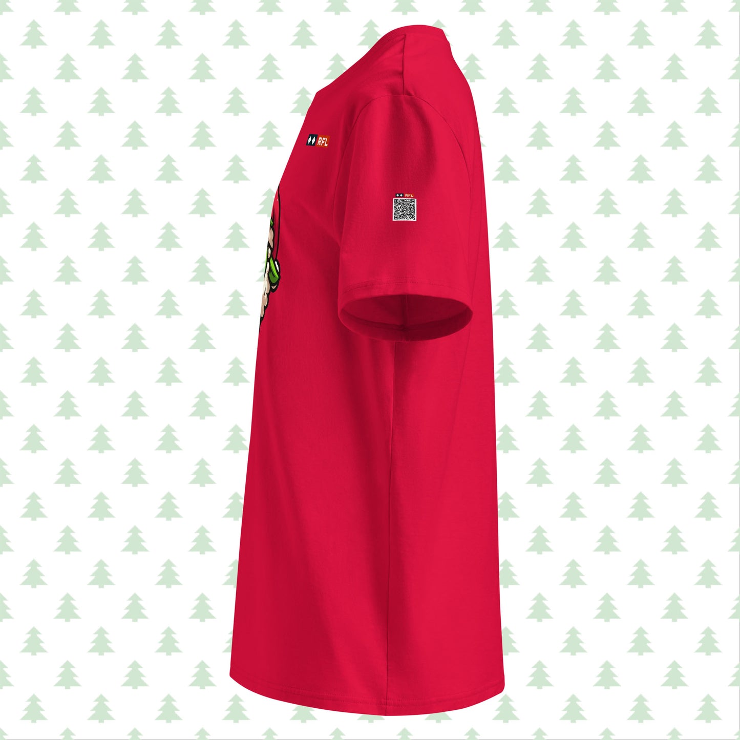 Red t-shirt side view with Grinch sheep and QR code.