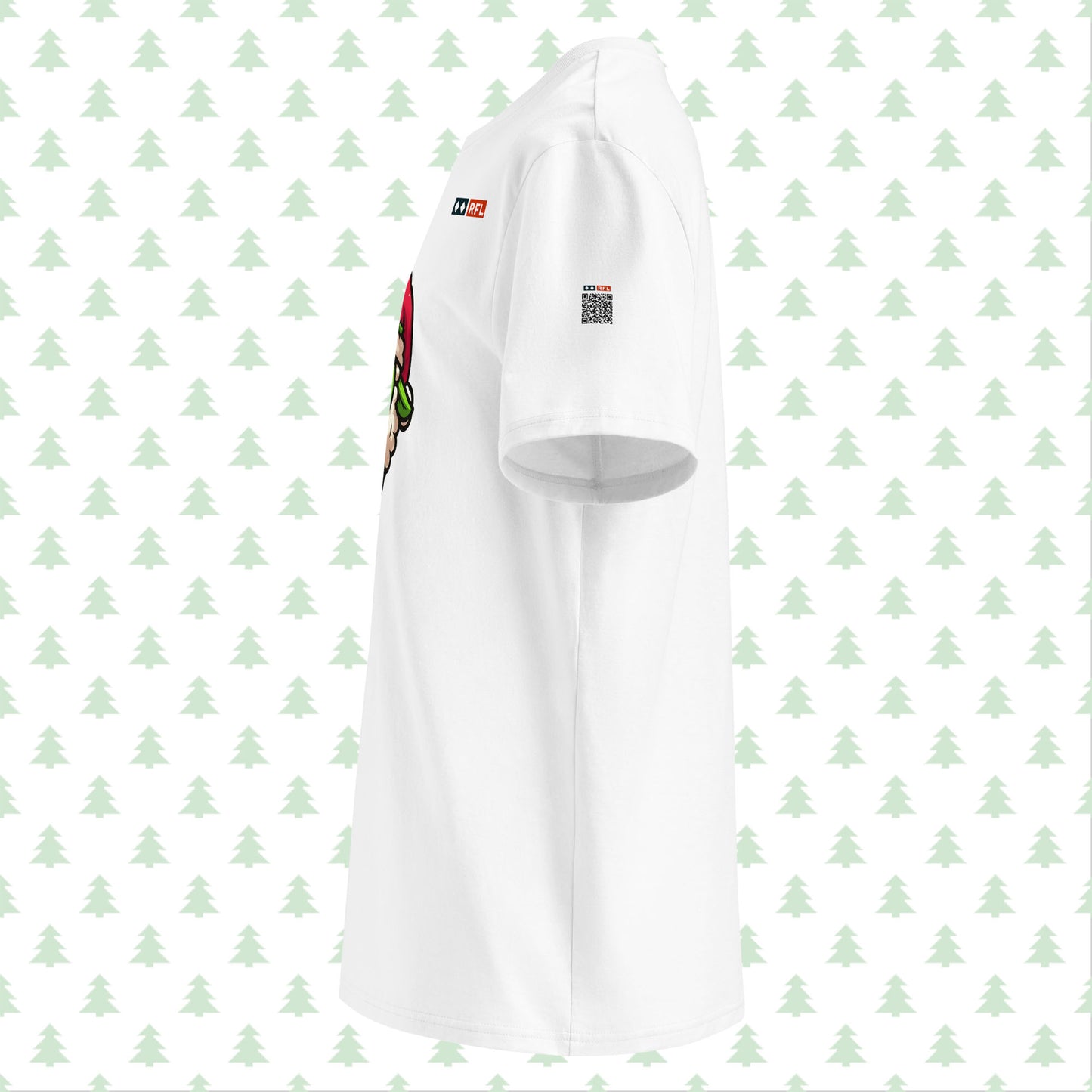 White t-shirt side view with Grinch sheep and QR code.