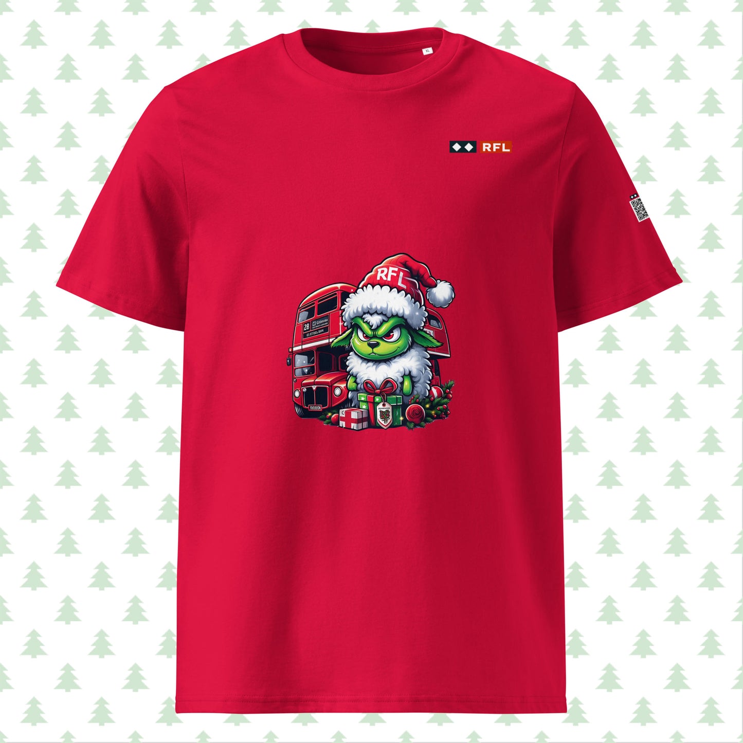 Front view of red Christmas t-shirt with Grinch sheep design by RFL Style