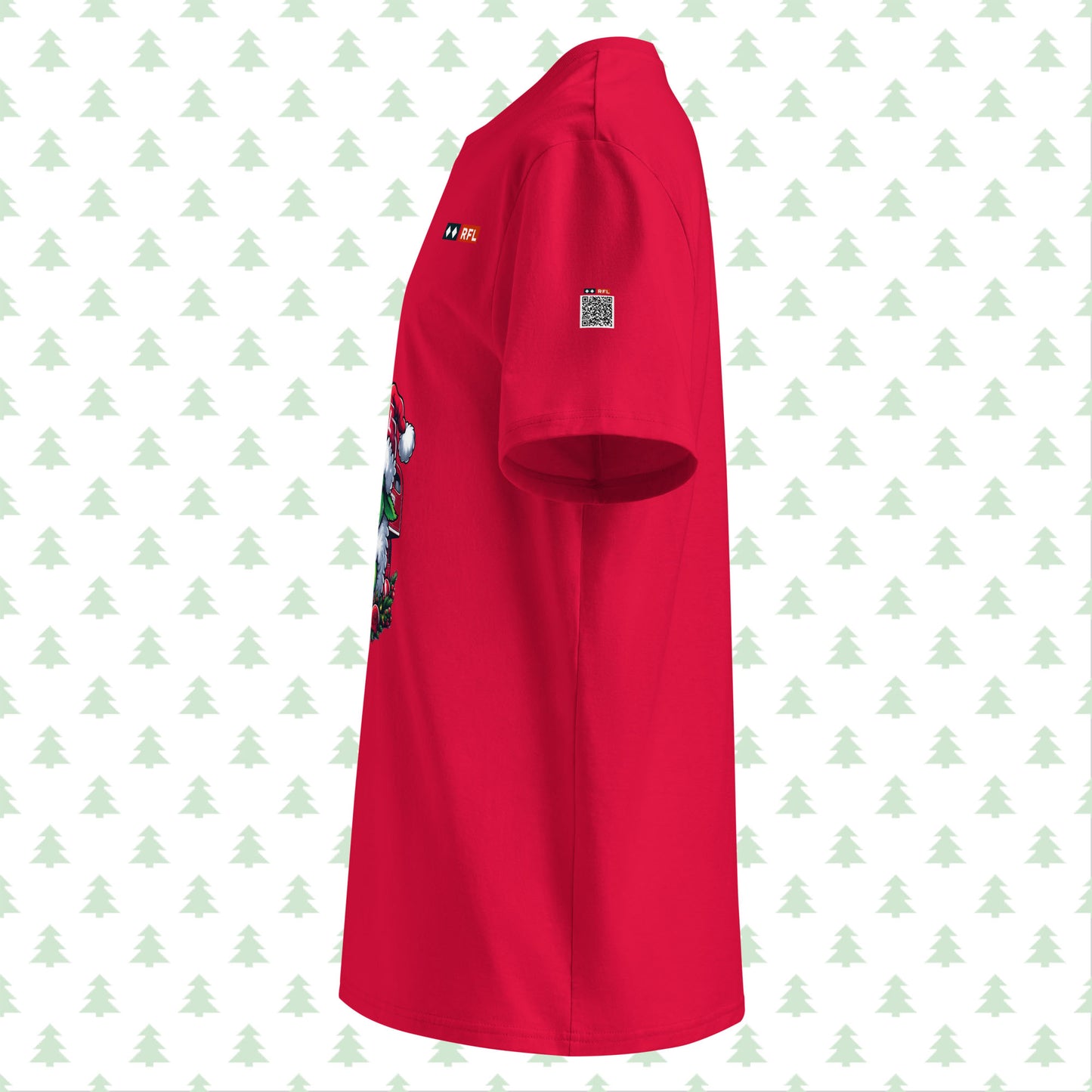 Left side view of red Christmas t-shirt with Grinch sheep design by RFL Style.